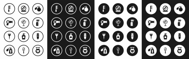 Set Aftershave bottle with atomizer, Round makeup mirror, Hair dryer, Hairbrush, Hairdresser pistol spray, Makeup powder, Electrical hair clipper shaver and icon. Vector