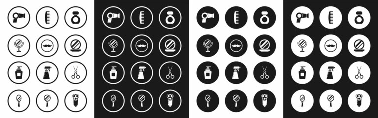 Set Aftershave, Mustache, Round makeup mirror, Hair dryer, Makeup powder with, Hairbrush, Scissors hairdresser and Bottle of shampoo icon. Vector