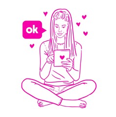 girl with tablet sitting in lotus position romantic communication on the net vector drawing