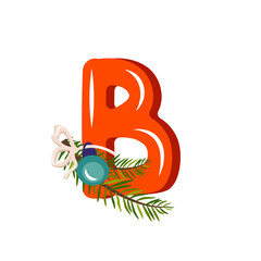 Red letter B with green Christmas tree branch, ball with bow. Festive font for Happy New Year and bright alphabet