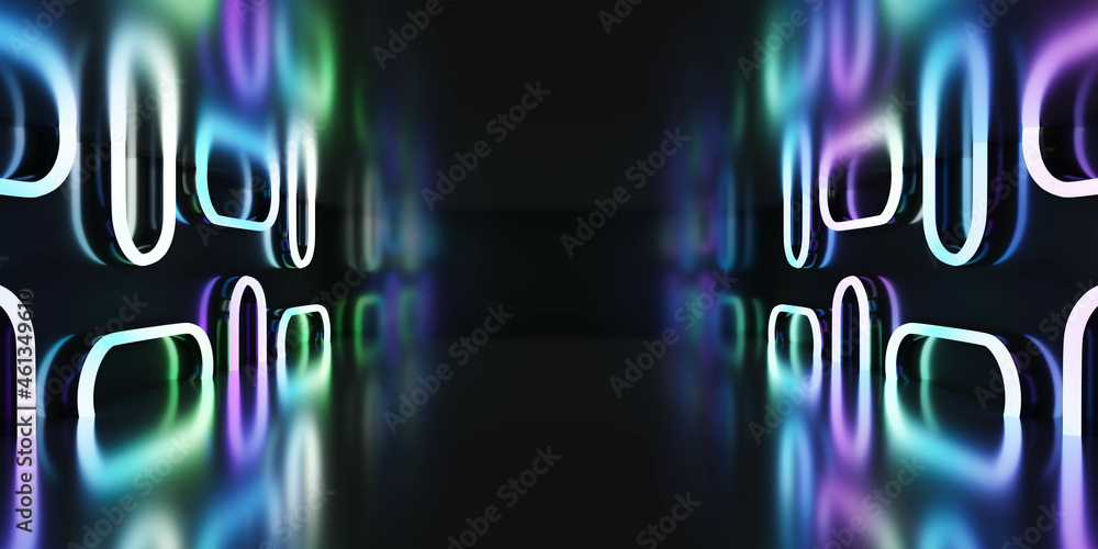 Poster empty futuristic neon light studio with curve shape design 3d render illustration