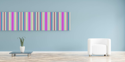 Modern minimalistic studio interior with an armchair on empty blue wall and wood floor 3d render illustration