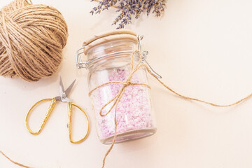 Lavender bath salt in glass jar. Handmade gift