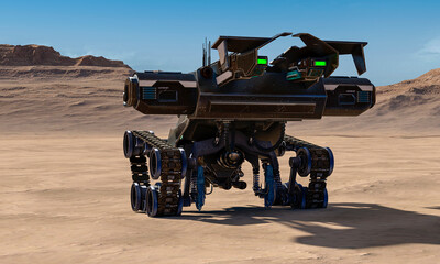 apocalyptic battle tank is passing thru the desert rear view with copy space