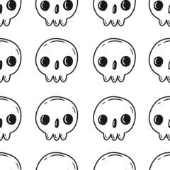Seamless pattern with skulls in cute cartoon doodle style on a white background. Vector illustration.