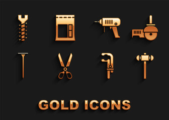 Set Scissors, Angle grinder, Sledgehammer, Clamp tool, Metallic nail, Electric drill machine, screw and Cement bag icon. Vector