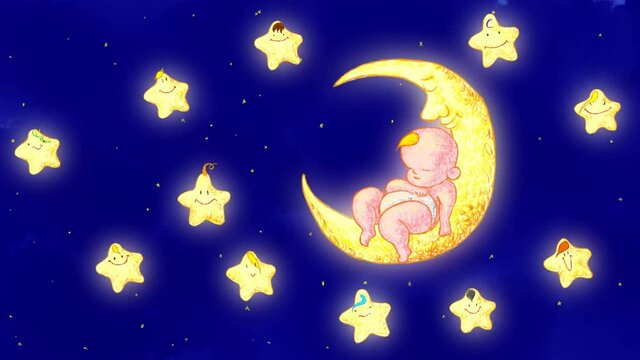 Baby Sleeping on the Moon Hand-drawn Animation. 4K HD Crayon Doodle Anime. Twinkle Twinkle Little Star Bedtime Song Background Video