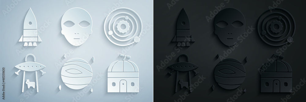 Sticker Set Planet Venus, Solar system, UFO abducts cow, Astronomical observatory, Alien and Rocket ship icon. Vector