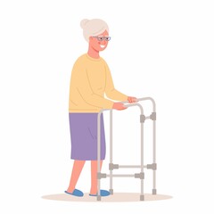 Elderly woman. Old lady character with paddle walker on white background. Senior woman flat Vector illustration.