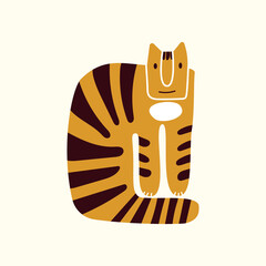 Simple abstract tiger for New Year 2022 greeting card or poster template. Cute funny character tiger cartoon hand drawn vector illustration isolated on white background. T shirt print, holiday animal