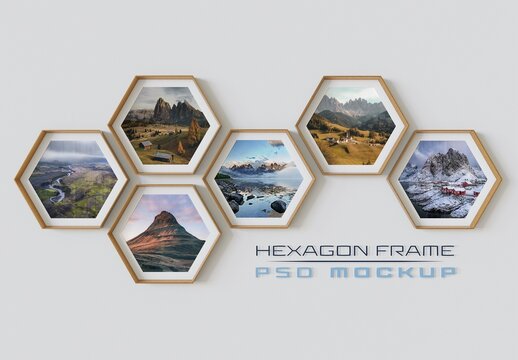 Hexagon Photo Frames Mockup Hanging on Wall