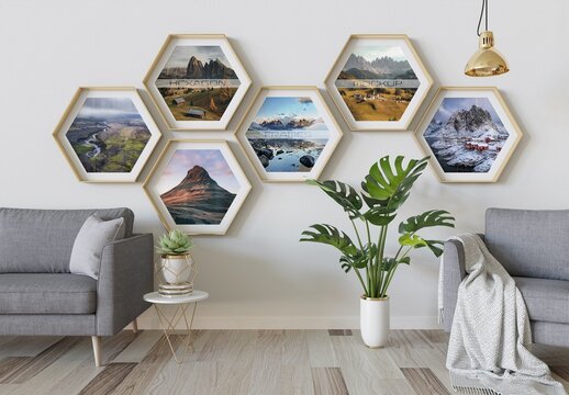 Hexagon Photo Frames Mockup Hanging on Interior Wall