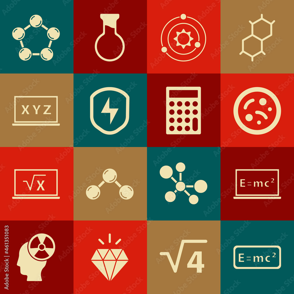 Poster set equation solution, bacteria, solar system, secure shield with lightning, xyz coordinate, molecul