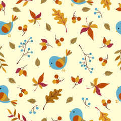 Autumn seamless pattern with birds, leaves and berries. Vector illustration