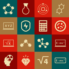 Set Equation solution, Bacteria, Solar system, Secure shield with lightning, XYZ Coordinate, Molecule and Calculator icon. Vector