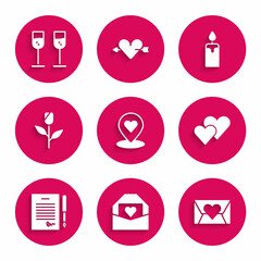 Set Location with heart, Envelope Valentine, Heart, Marriage contract, Flower rose, Burning candle and Glass of champagne icon. Vector