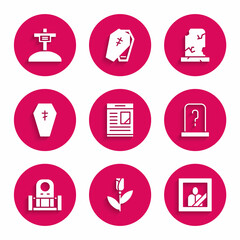 Set Obituaries, Flower rose, Mourning photo frame, Grave with tombstone, Coffin cross, Old grave and icon. Vector