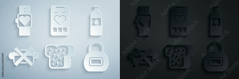 Poster Set Bread toast, Bottle of water, No junk food, Kettlebell, Mobile with heart rate and Smart watch icon. Vector