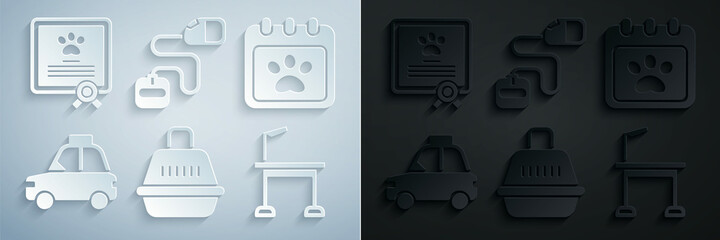 Set Pet carry case, Calendar grooming, taxi, table, Retractable cord leash and Certificate for dog cat icon. Vector