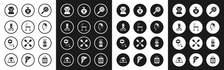 Set Flea search, Pet grooming table, Scissors hairdresser, Dog, shower, shampoo, and Retractable cord leash icon. Vector