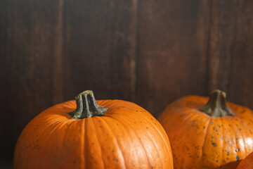 Orange ripe pumpkins a symbol of Halloween and Thanksgiving day, autumn harvest on wooden background