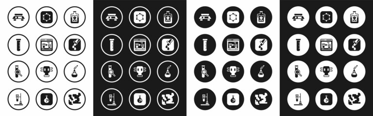 Set Poison in bottle, Chemical online, Test tube and flask, Electronic scales, Formula of benzene rings, and icon. Vector