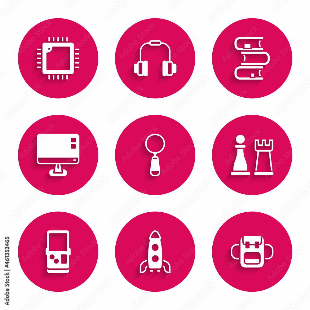Poster set magnifying glass, rocket ship, school backpack, chess, tetris, computer monitor screen, book and