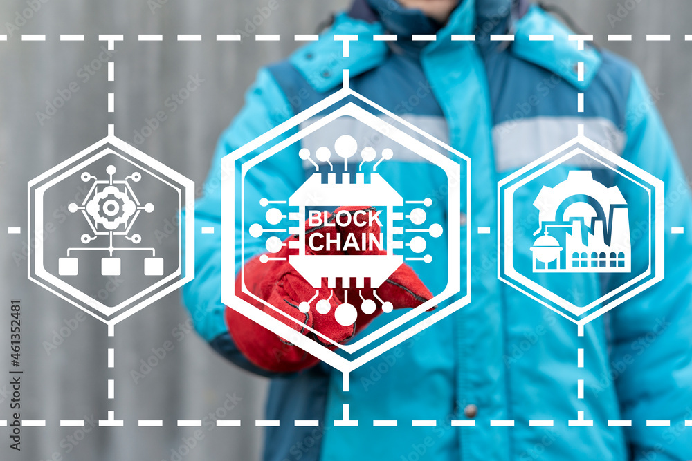 Poster concept of blockchain industry 4.0 technology. block chain computing industrial modernization.