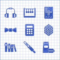 Set Calculator, Audio jack, Burger, Rubik cube, Book, Bow tie, Crossword and Headphones icon. Vector