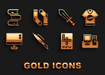 Set Fountain pen nib, T-shirt, Monitor with keyboard, Crossword, Computer monitor screen, Sword for game, Book and Socks icon. Vector