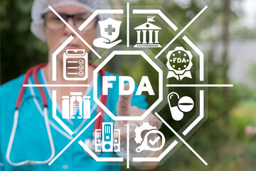 Concept of FDA Food and Drug Administration. Nutrition, foods, pills quality control department.
