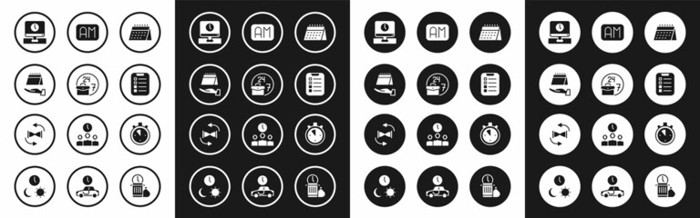 Set Calendar, Always busy, Monitor time, To do list planning, Morning, Stopwatch and Old hourglass with sand icon. Vector