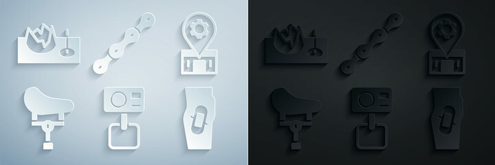 Set Action extreme camera, Bicycle repair service, seat, Plaster leg, chain and street ramp icon. Vector