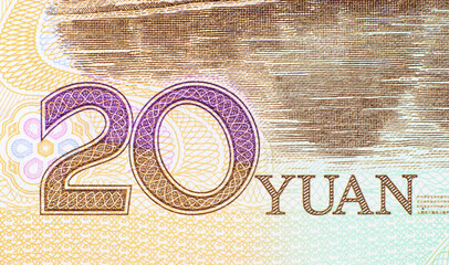 Extreme closeup of number 20 on the Chinese Yuan twenty banknote