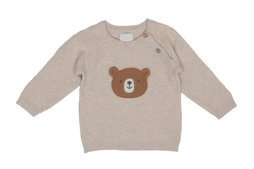 Top view of clothes for child boy isolated on a white background. A beautiful beige little child...
