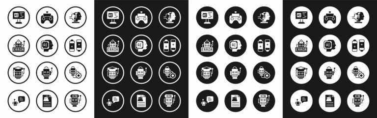 Set Robot for maintenance, Humanoid robot, Error, Software, Battery, Remote control, setting and icon. Vector