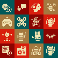 Set Robot low battery charge, Drone, Broken robot, Humanoid, Remote control, setting and Mars rover icon. Vector