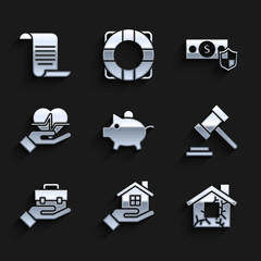 Set Piggy bank, House in hand, Judge gavel, Hand holding briefcase, Life insurance, Money with shield and Document icon. Vector