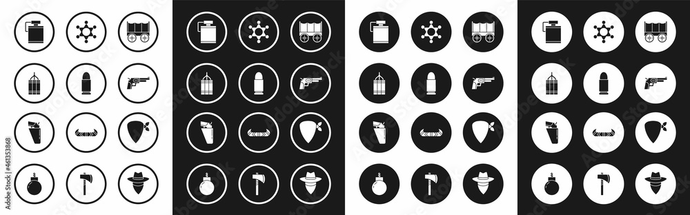 Sticker Set Wild west covered wagon, Bullet, Dynamite bomb, Canteen water bottle, Revolver gun, Hexagram sheriff, Cowboy bandana and in holster icon. Vector