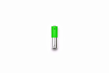  Green and silver battery on white background centered