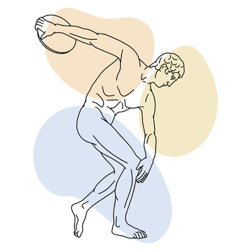 Vector illustration of discus thrower. Line drawing of ancient greek sculpture with color spots background.
