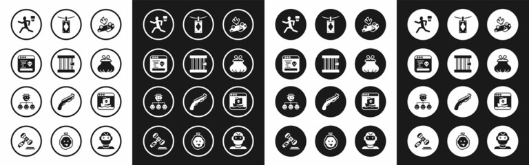 Set Burning car, Prison window, System bug, Murder, Wallet, Money laundering, Internet piracy and Mafia icon. Vector