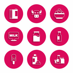 Set Bottle with milk, Whipped cream in bottle, Milk product, Ice, Lettering, Cottage cheese and Paper package for kefir icon. Vector