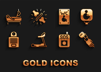 Set Treadmill machine, Disabled wheelchair, Prosthesis hand, Press SOS button, Intercom, Separated toilet for disabled, Patient with broken leg and Joint pain, knee pain icon. Vector