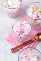 Multicolored dessert with fruit jelly