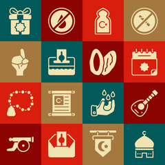 Set Muslim Mosque, Lute, Ramadan calendar, Donate or pay your zakat, Hands in praying position, Gift box and Date fruit icon. Vector