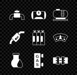 Set Metallic pipes and valve, Gas tank for vehicle, Oil storage, petrol test tube, filling station, Gasoline pump nozzle and Industrial gas cylinder icon. Vector