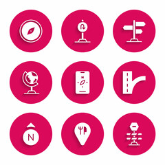 Set Compass on mobile, Cafe and restaurant location, Road barrier, traffic sign, Earth globe, and icon. Vector