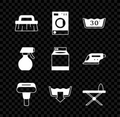 Set Brush for cleaning, Washer, Temperature wash, Garment steamer, Washing modes, Iron and ironing board, Water spray bottle and icon. Vector