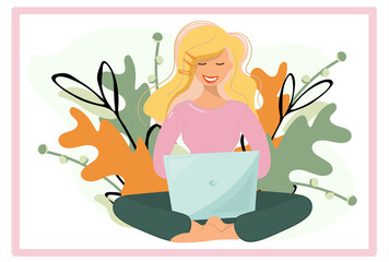 Vector template with a girl working at the computer on a background of golden autumn nature. Cute blonde in a warm pink sweater with a laptop. Freelance woman. Isolated vector for design in flat style